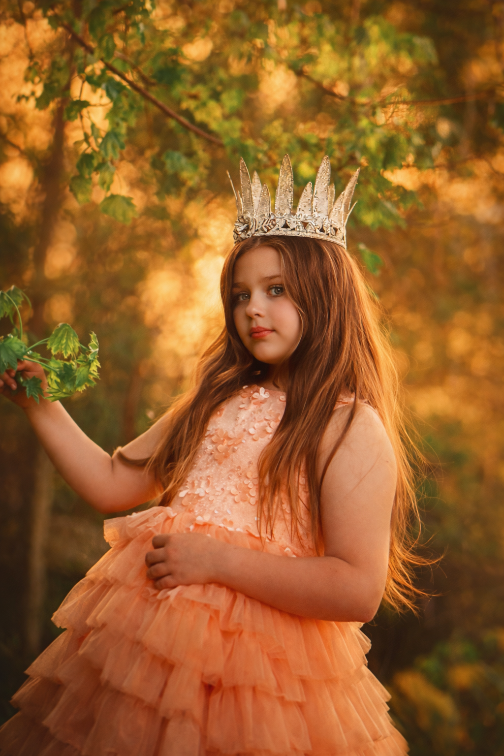 Fine art princess portrait of a young girl in a peach gown and crown in warm forest light
