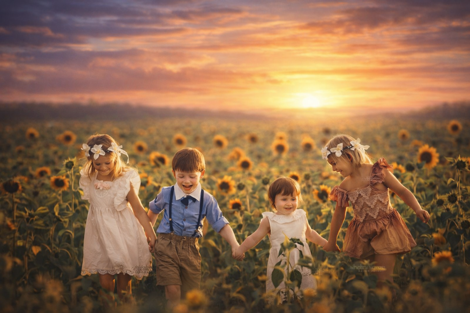 Four young children holding hands and walking through a sunflower field at sunset during a fine art children’s portrait session in South Jersey