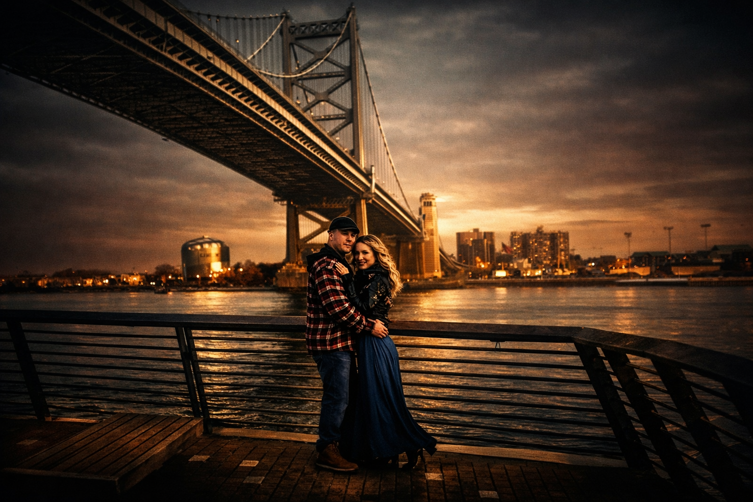 Couple embracing at sunset beneath the Ben Franklin Bridge during a Philadelphia engagement photo session