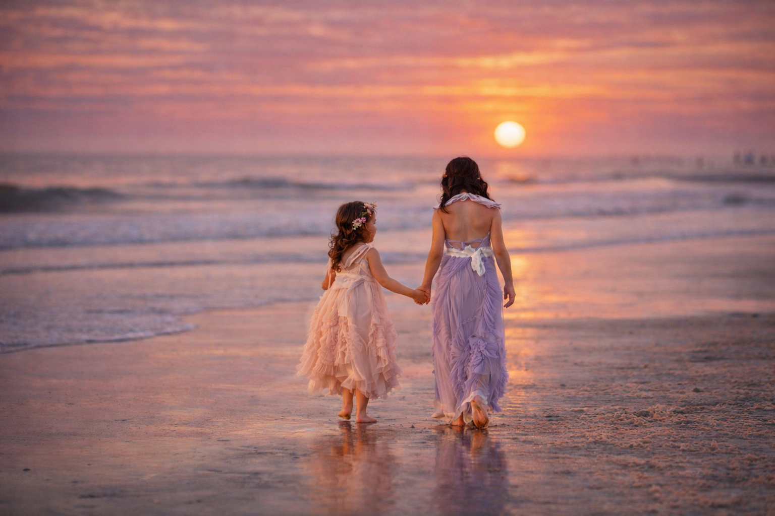 Two young girls holding hands while walking along the beach at sunset during a children's portrait session at the Jersey Shore