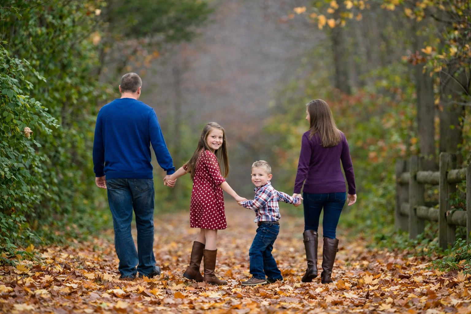 Family portrait in a wooded forest setting in Elk Township, New Jersey.