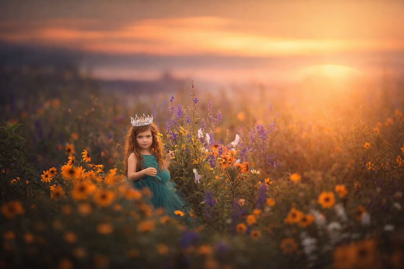 Girl in a green dress standing in a wildflower field during spring, photographed by a Philadelphia family photographer.