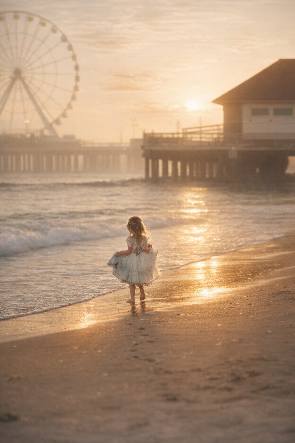 Child posing on the beach during a portrait session in Atlantic City, New Jersey, with the ocean and shoreline in the background.