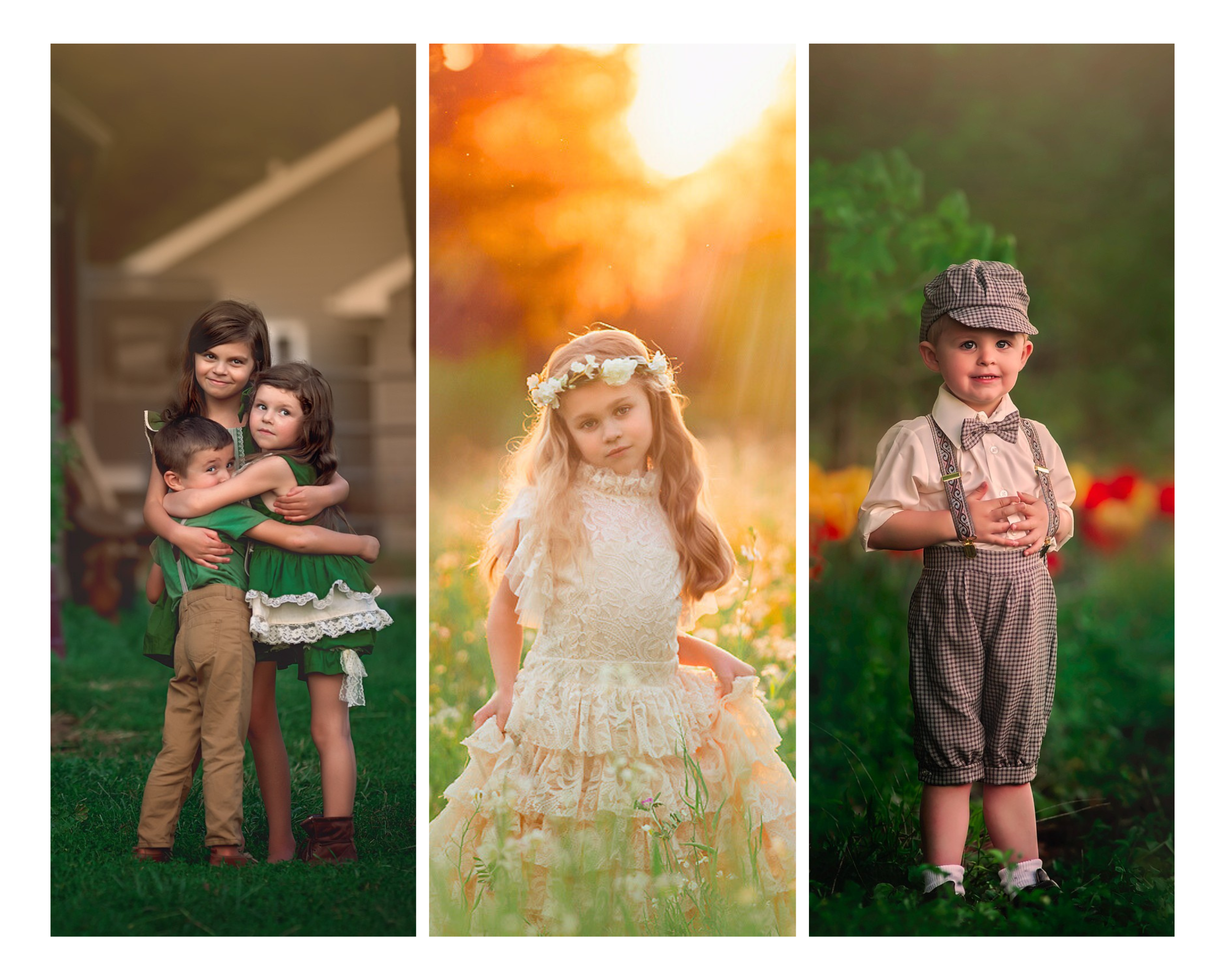 A collage of children photographed during outdoor family mini sessions, showing natural light portraits and sibling interaction.