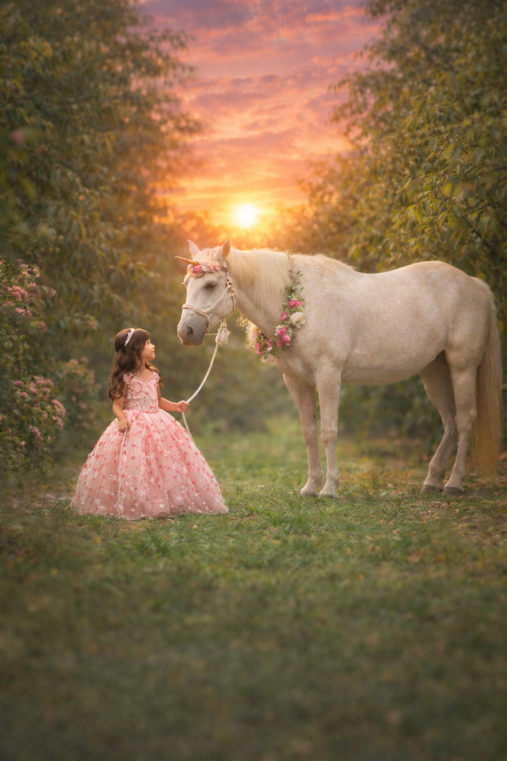 Dreamy fine art unicorn portrait of a child in a soft pastel dress with a white unicorn, styled in an ethereal, storybook setting in New Jersey.
