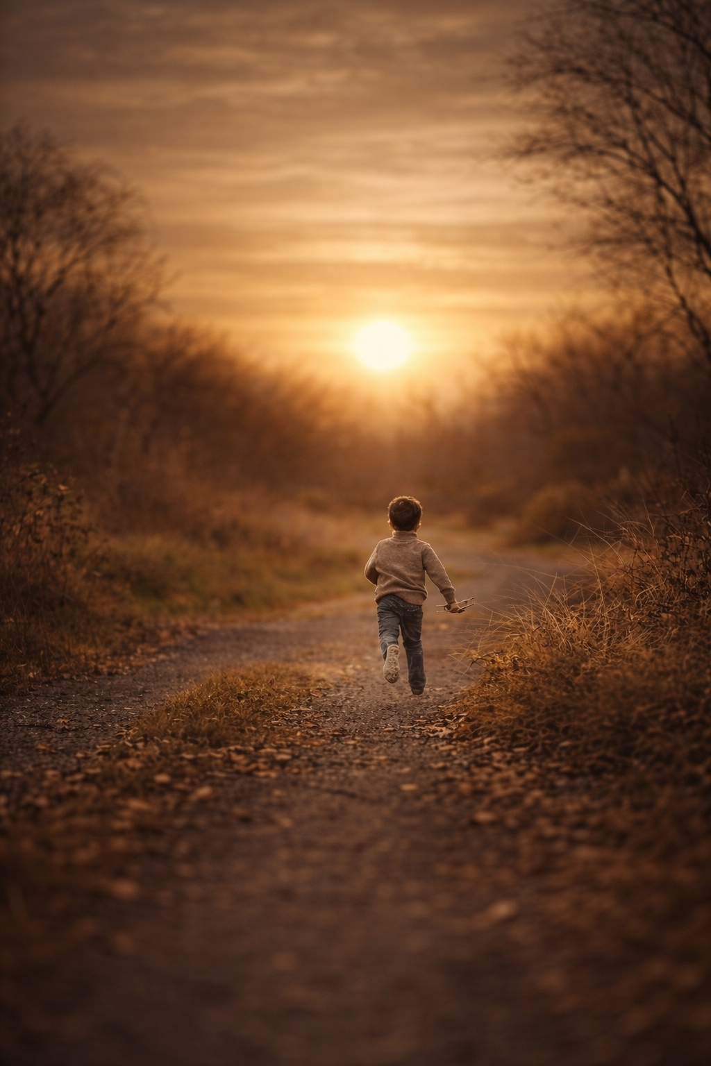 a boy running at sunset in East Greenwich Park in Gloucester County NJ for a toddler portrait session