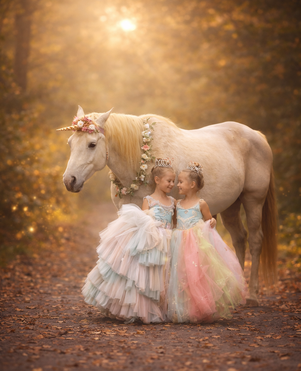 Two sisters in pastel couture gowns standing beside a calm real unicorn in a glowing fall forest during a fine art unicorn photography session in New Jersey.