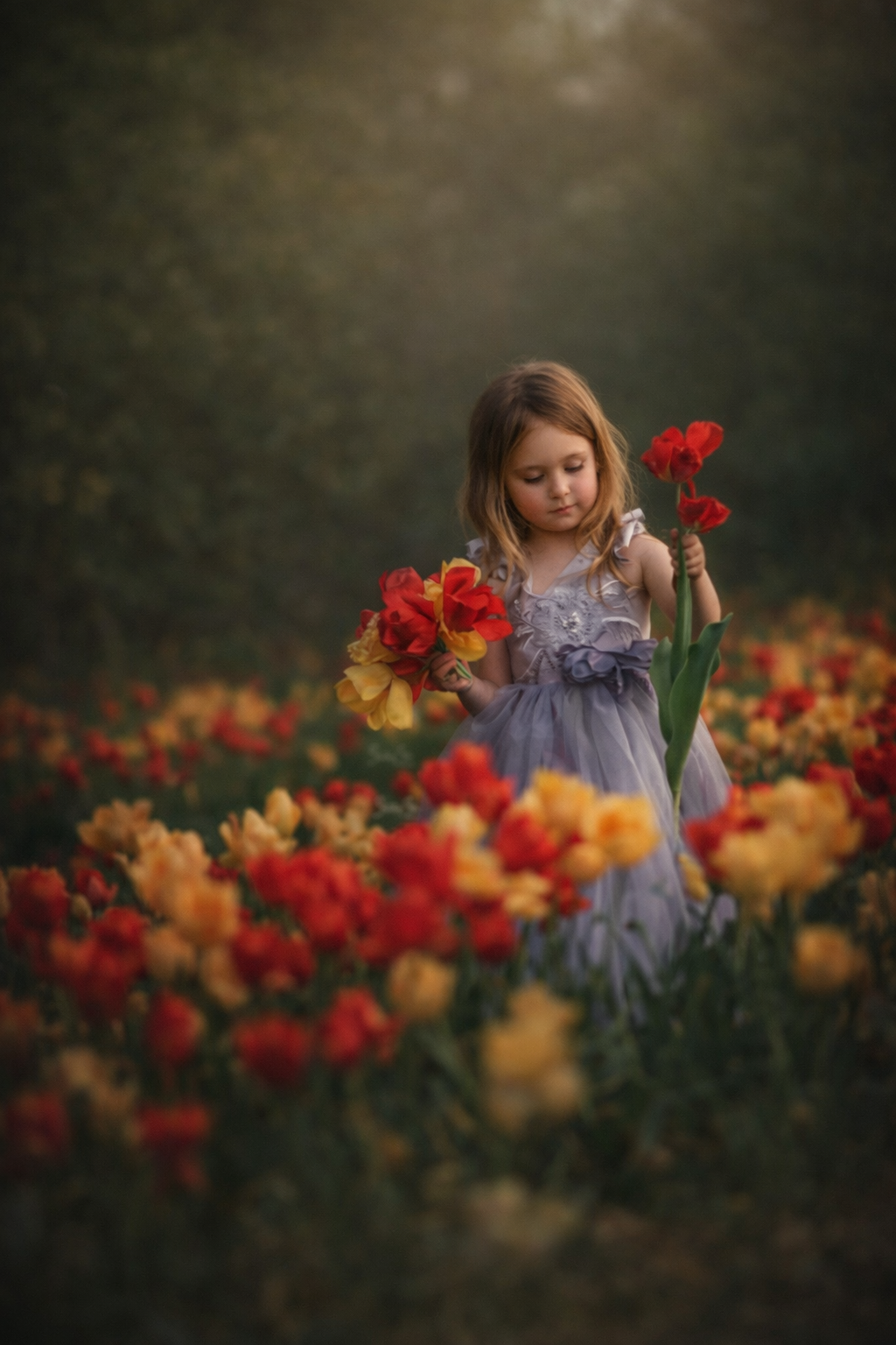 Young girl picking tulips during a spring mini session at Fairmount Park in Philadelphia