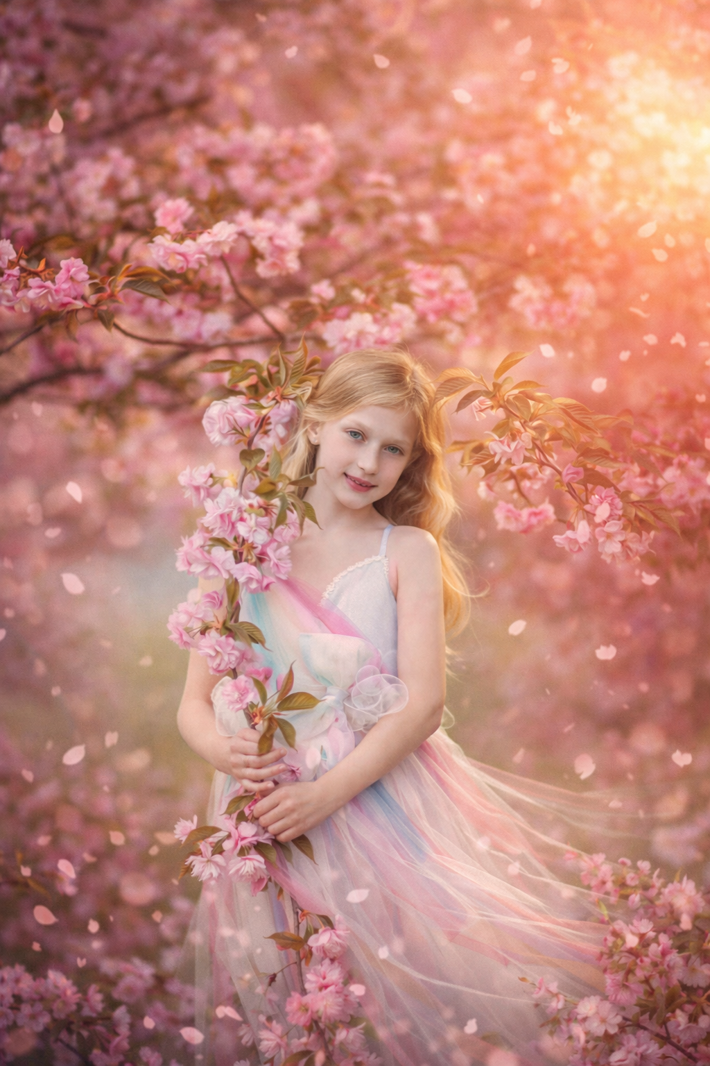 Young girl holding a cherry blossom branch during a spring mini session in New Jersey