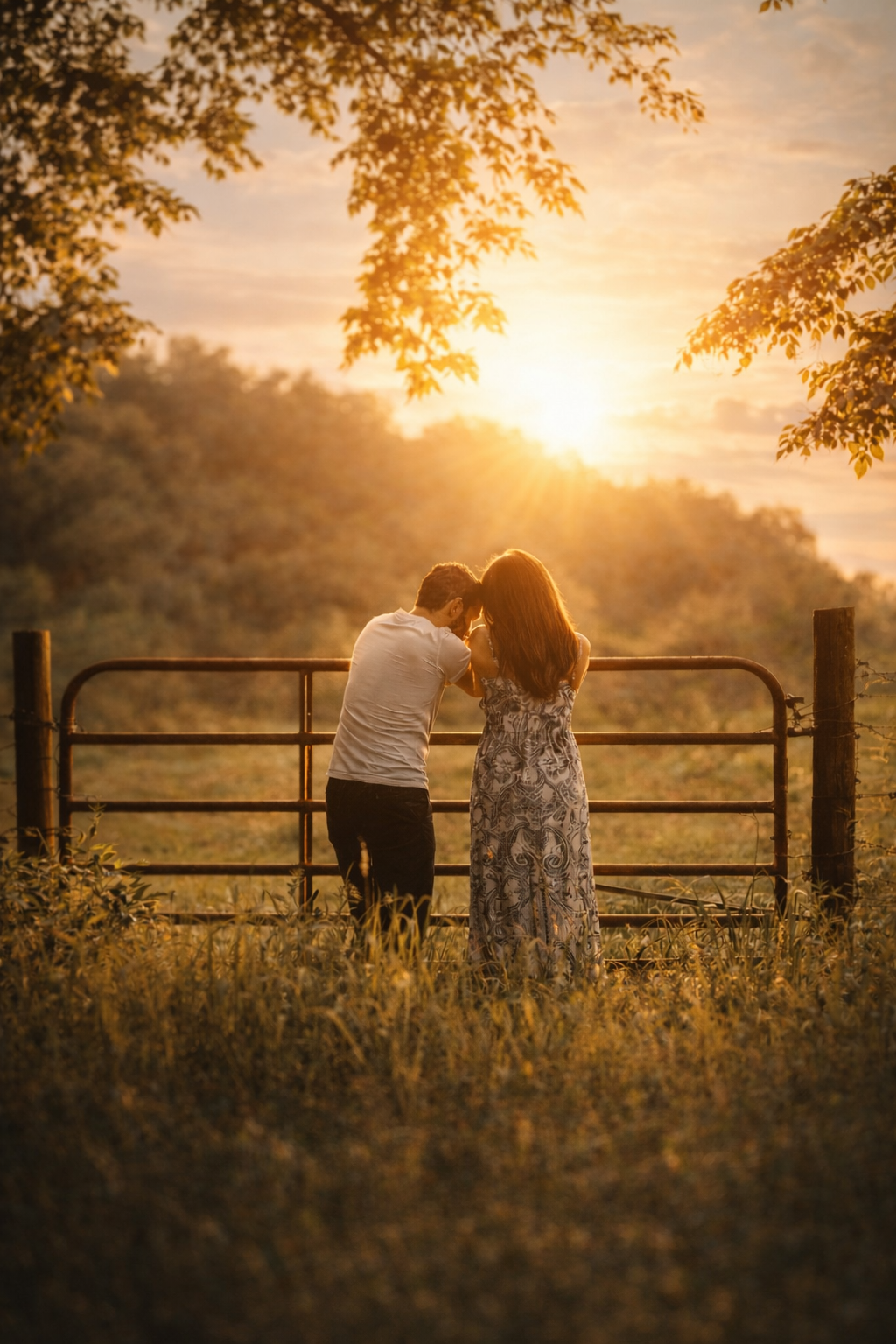Couple sharing a quiet moment by a gate during a maternity photography session at sunset