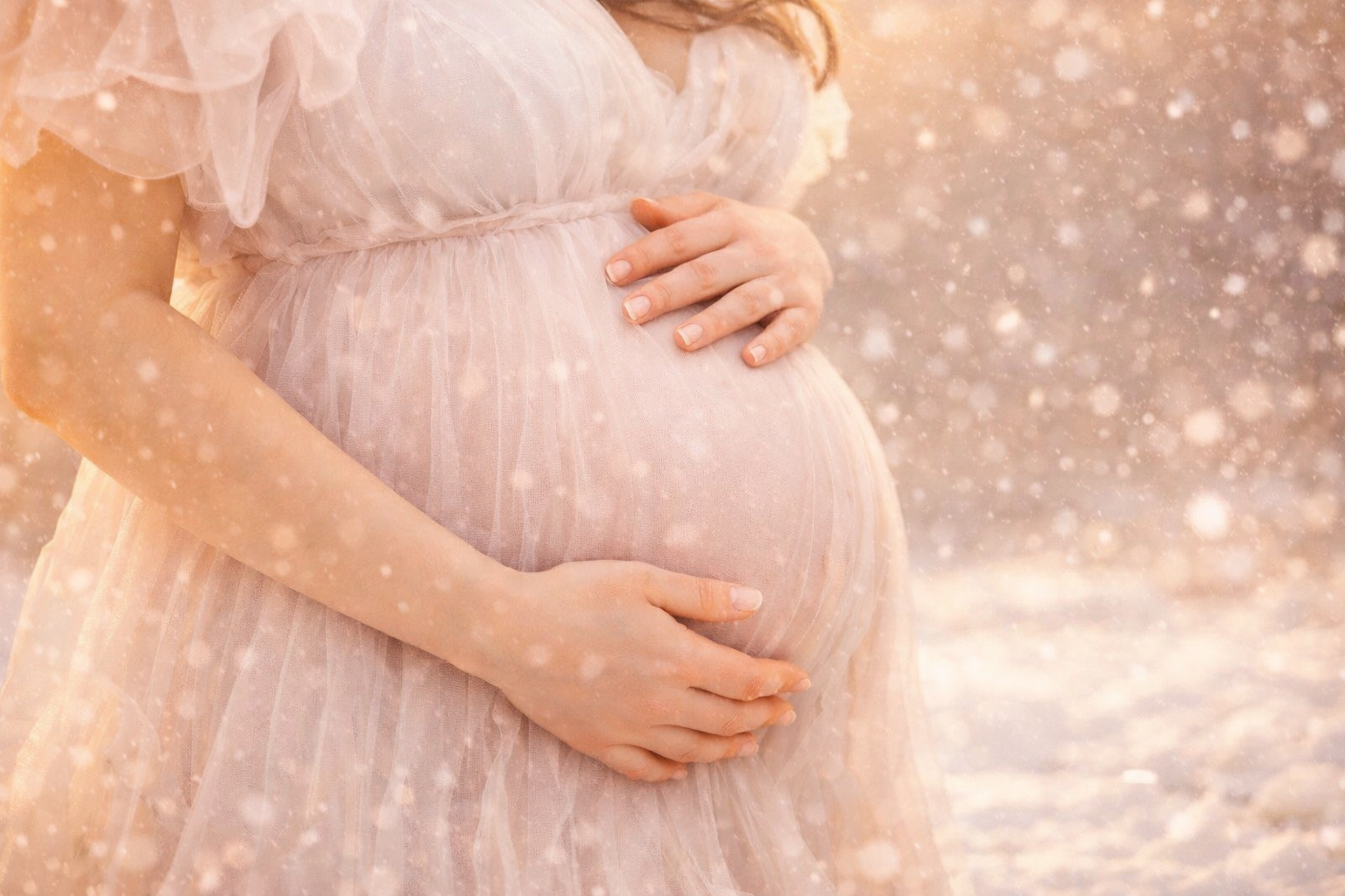 closeup up of mama in the snow for her New Jersey forest maternity portrait session