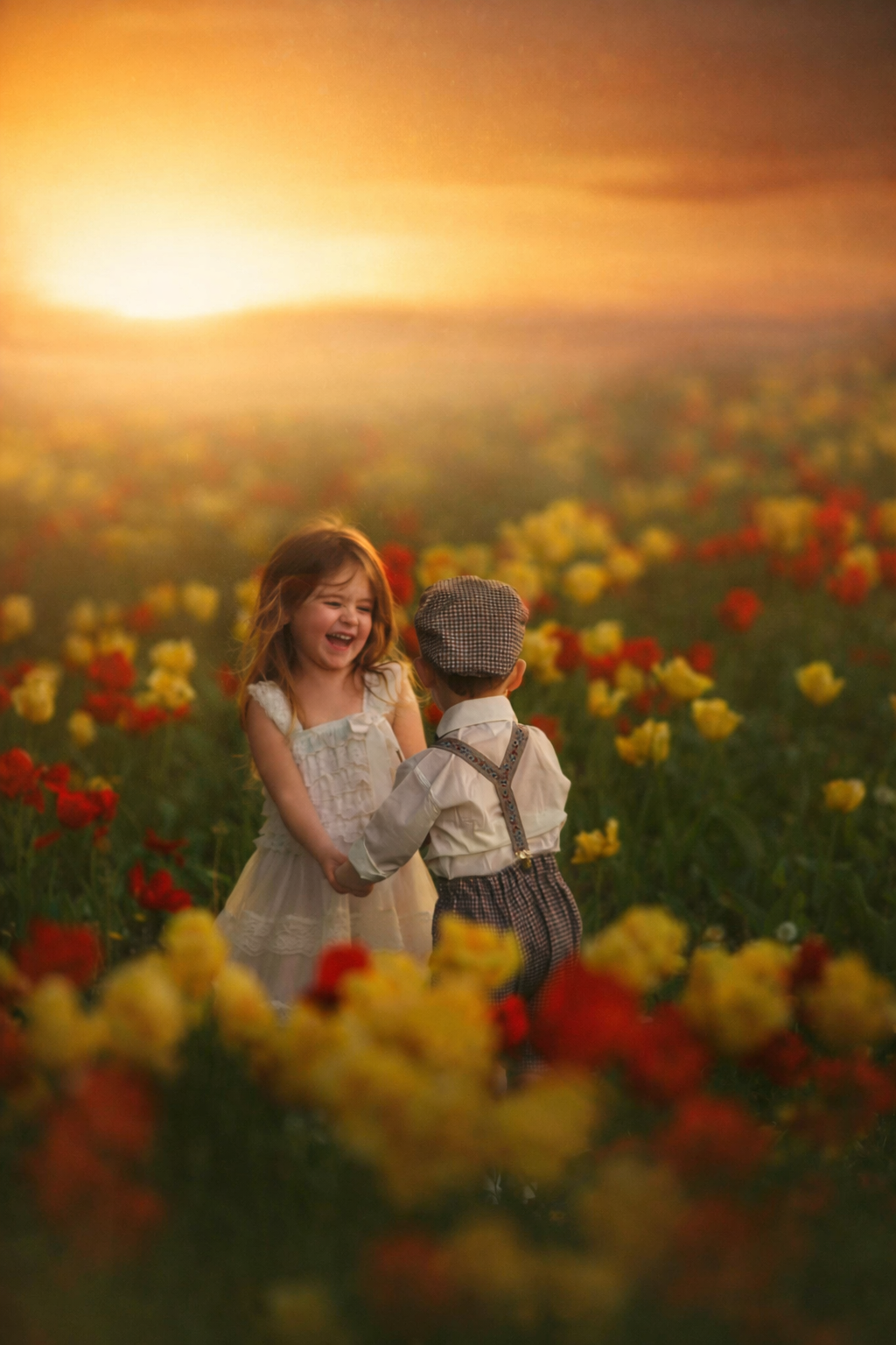 Fine art children’s portrait of two young siblings holding hands and laughing together in a colorful tulip field at sunset, photographed in New Jersey.