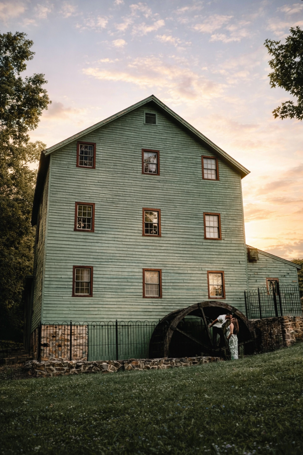 portrait of a couple for photos in daretown lake salem county with the mill in the background at sunset