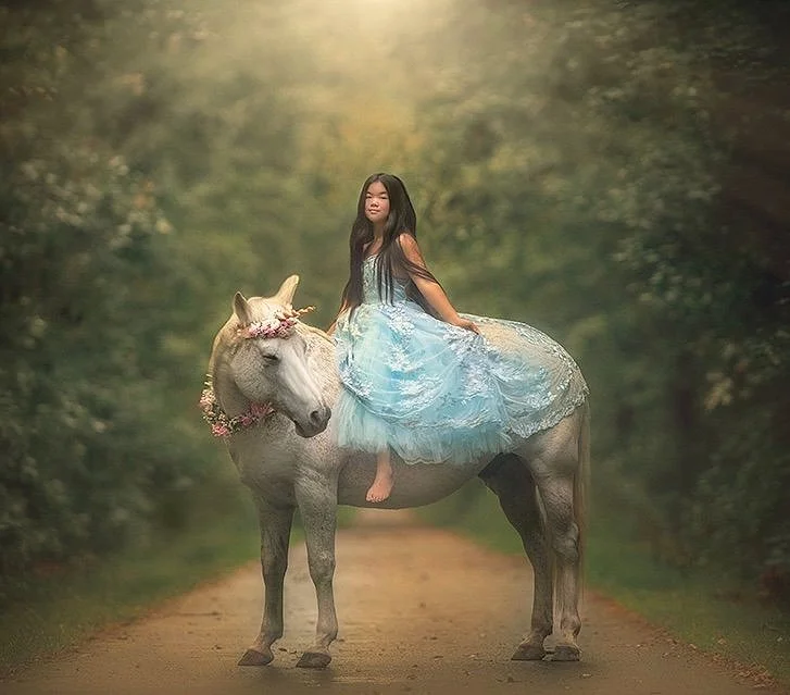 Unique unicorn photography, enchanted forest session with girl and unicorn, PA and NJ photographer