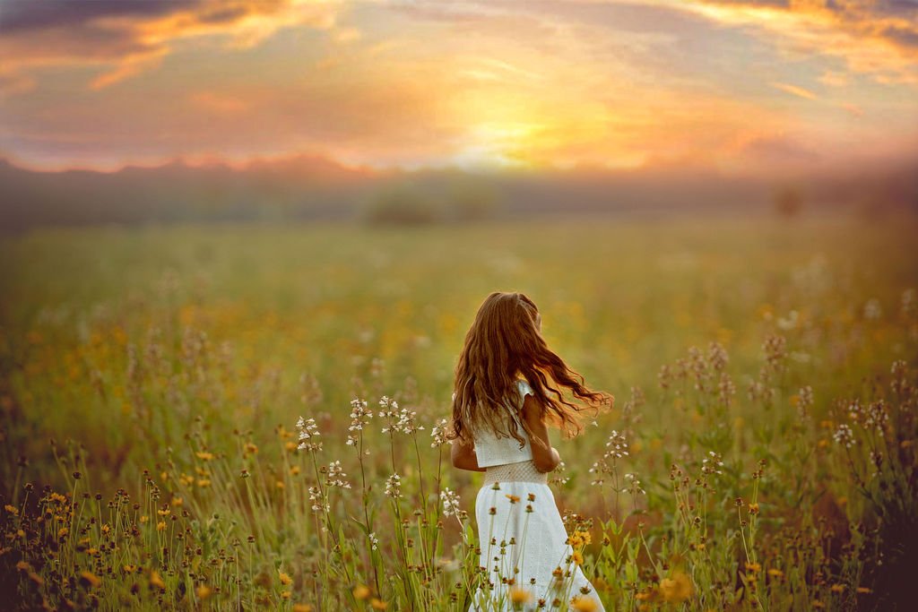 Child looking into the sunset during a family maternity photography session in a wildflower field in South Jersey.