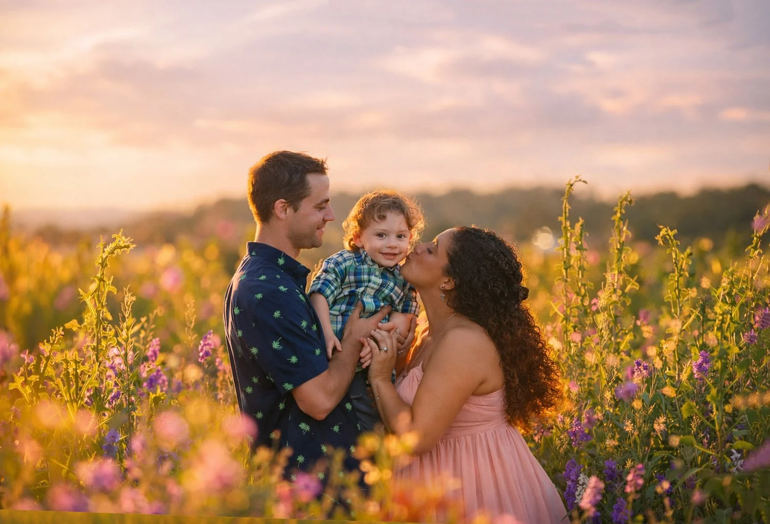 Expectant mom to be with her son and husband in a wildflower field in South Jersey outside of Philadelphia for maternity portraits