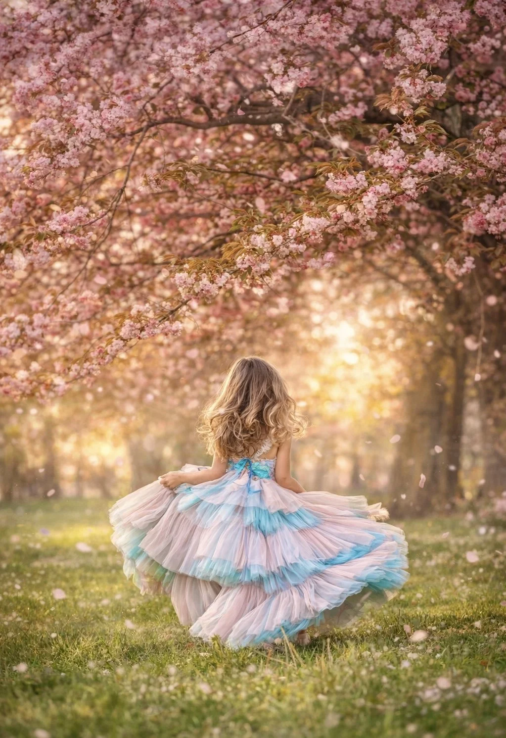 Little girl standing beneath cherry blossoms with golden sunset light behind her in Cherry Hill, New Jersey.