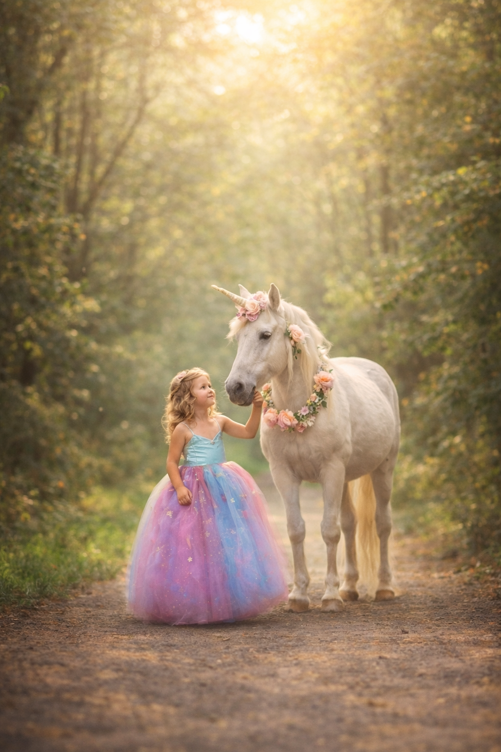 Young girl in a purple gown gently holding a unicorn’s reins in a soft green forest during a fine art unicorn portrait session in New Jersey.