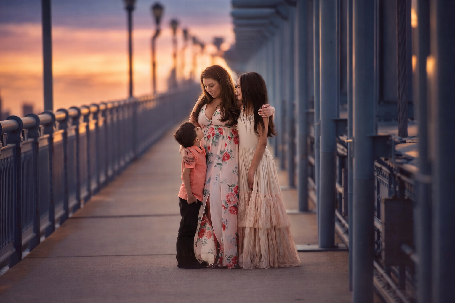 family walking together on a philadelphia bridge at sunset during a natural, connected family photography session