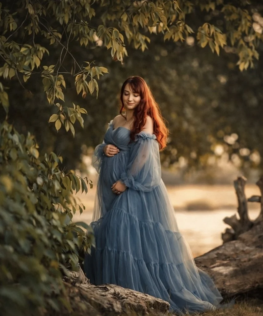 Expectant mother in a blue gown during an outdoor maternity session at Palmyra Cove in New Jersey.