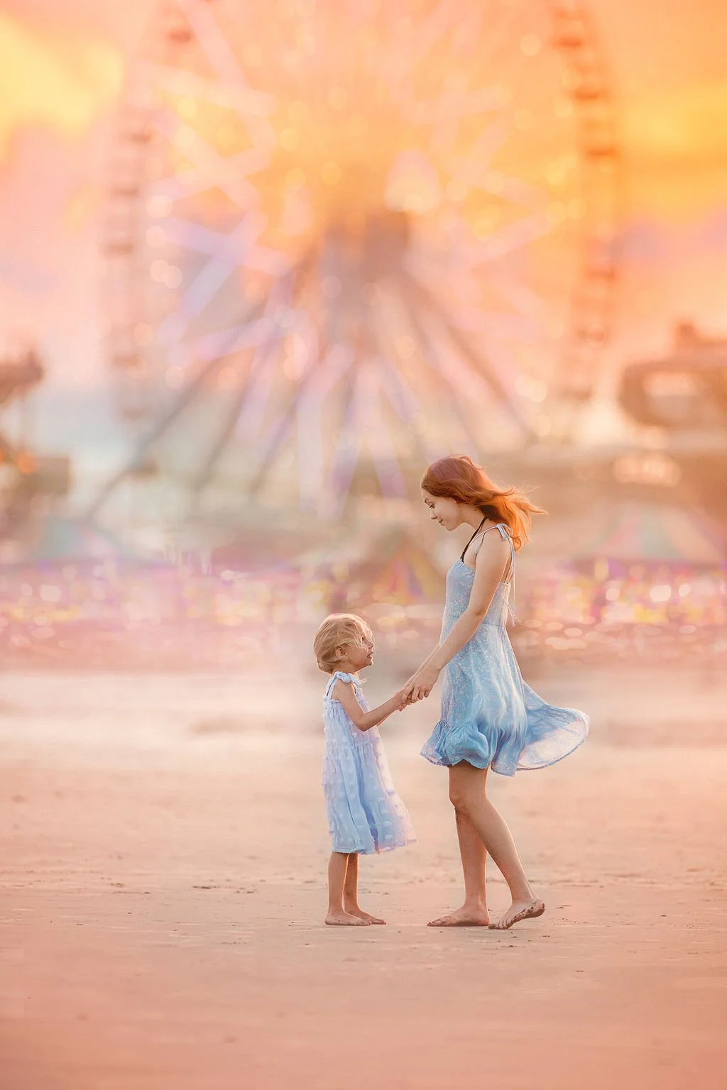 Two sisters holding hands and looking at each other with the Ferris wheel at Morey’s Pier in Wildwood NJ behind them