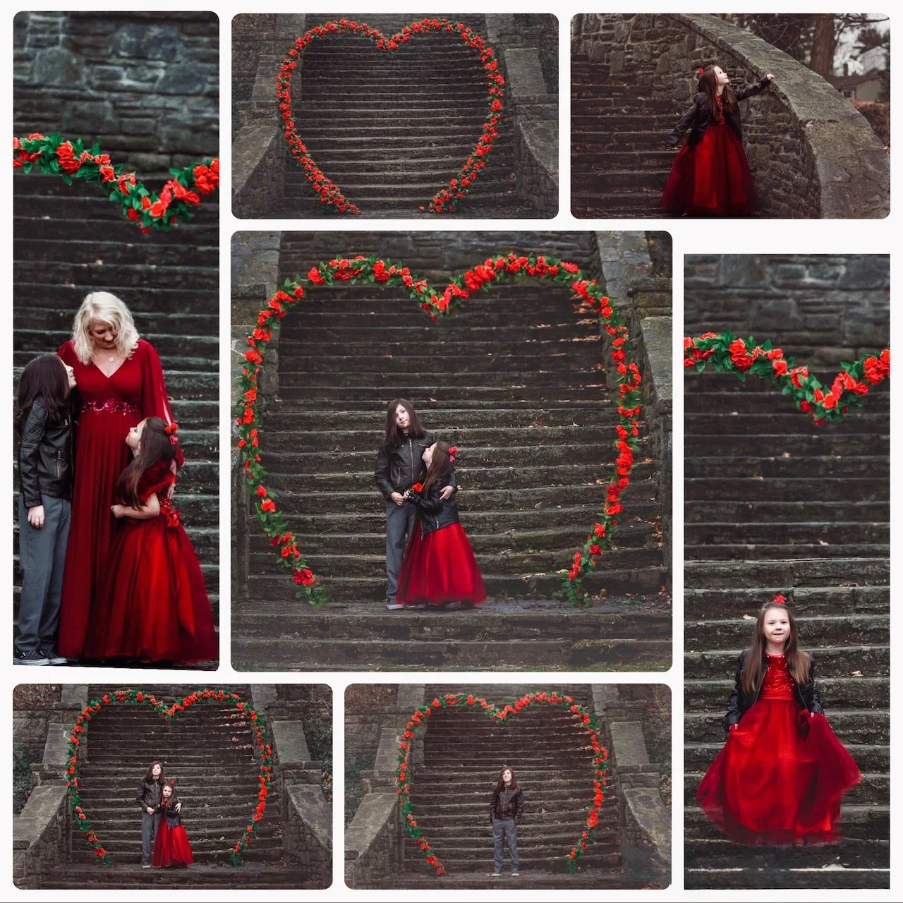 Family Valentine’s portraits paired with a romantic floral heart arch backdrop in New Jersey