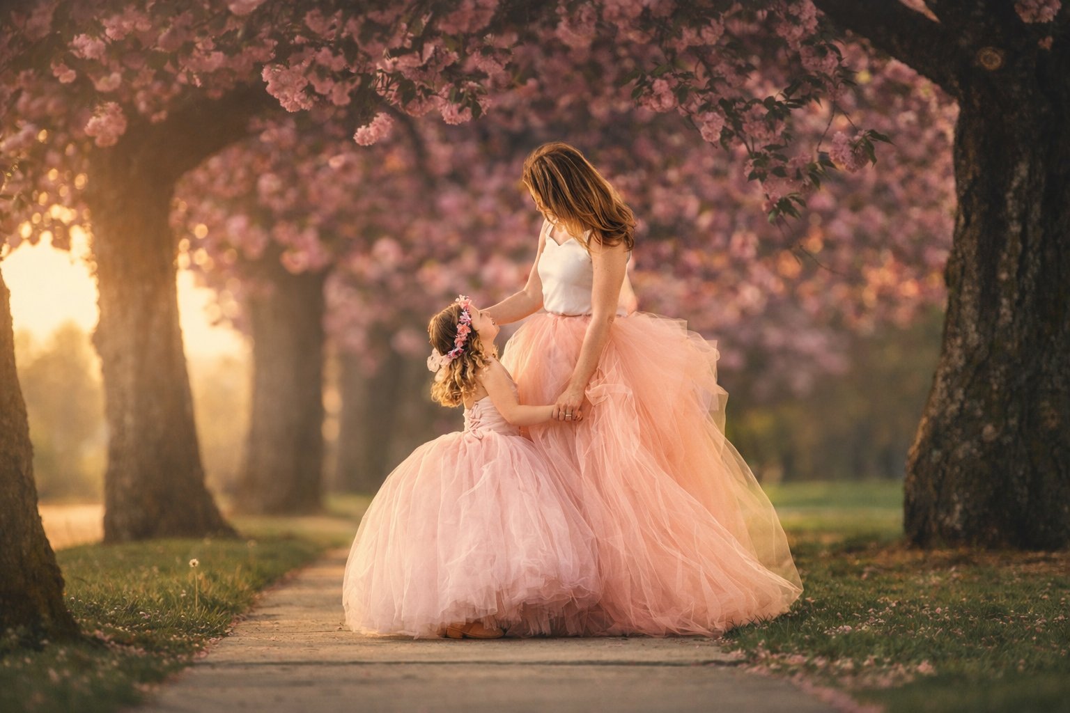 Mother and daughter wearing pink dresses during a cherry blossom portrait session in New Jersey.