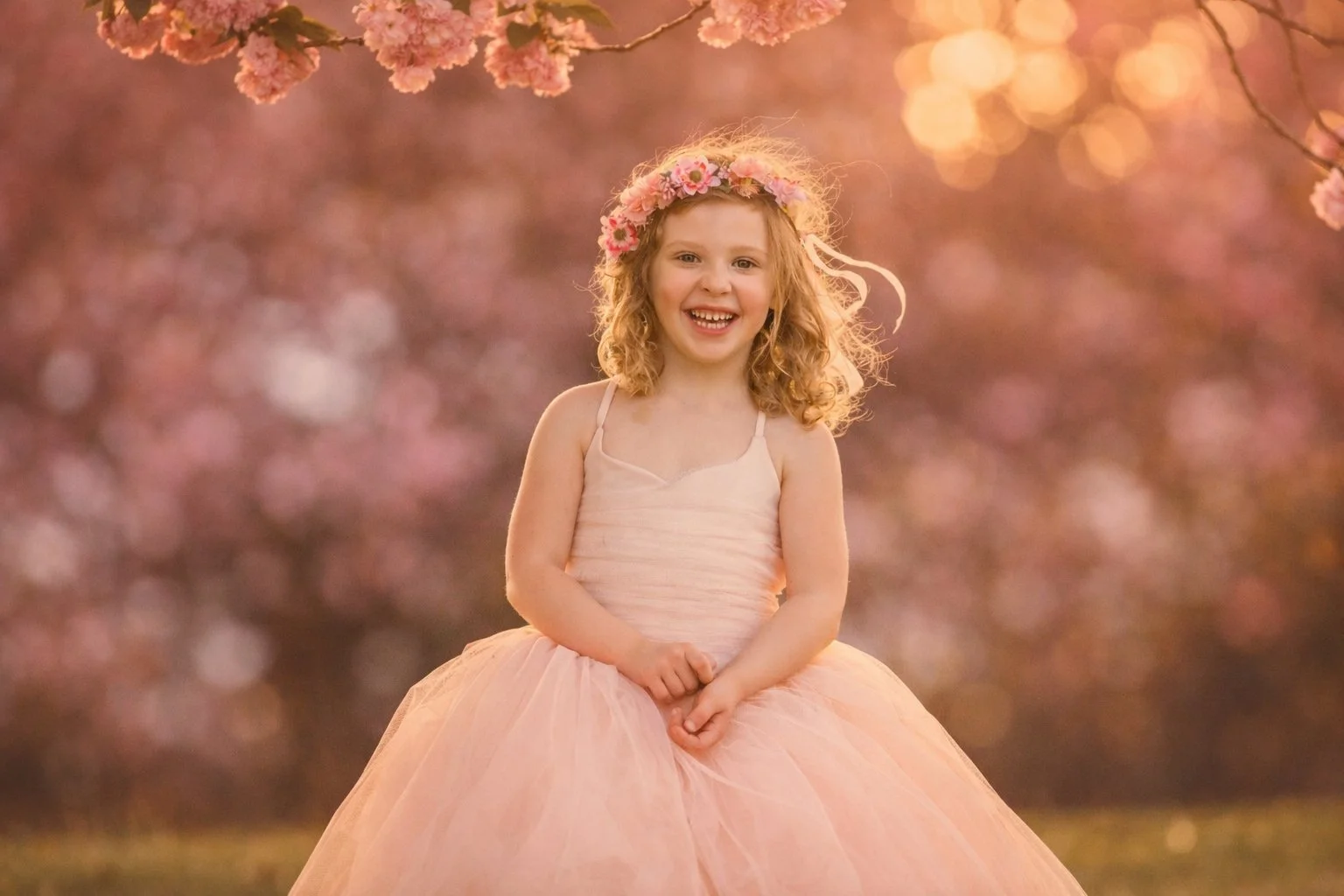 Close-up portrait of a little girl in warm golden light during a cherry blossom portrait session in New Jersey.