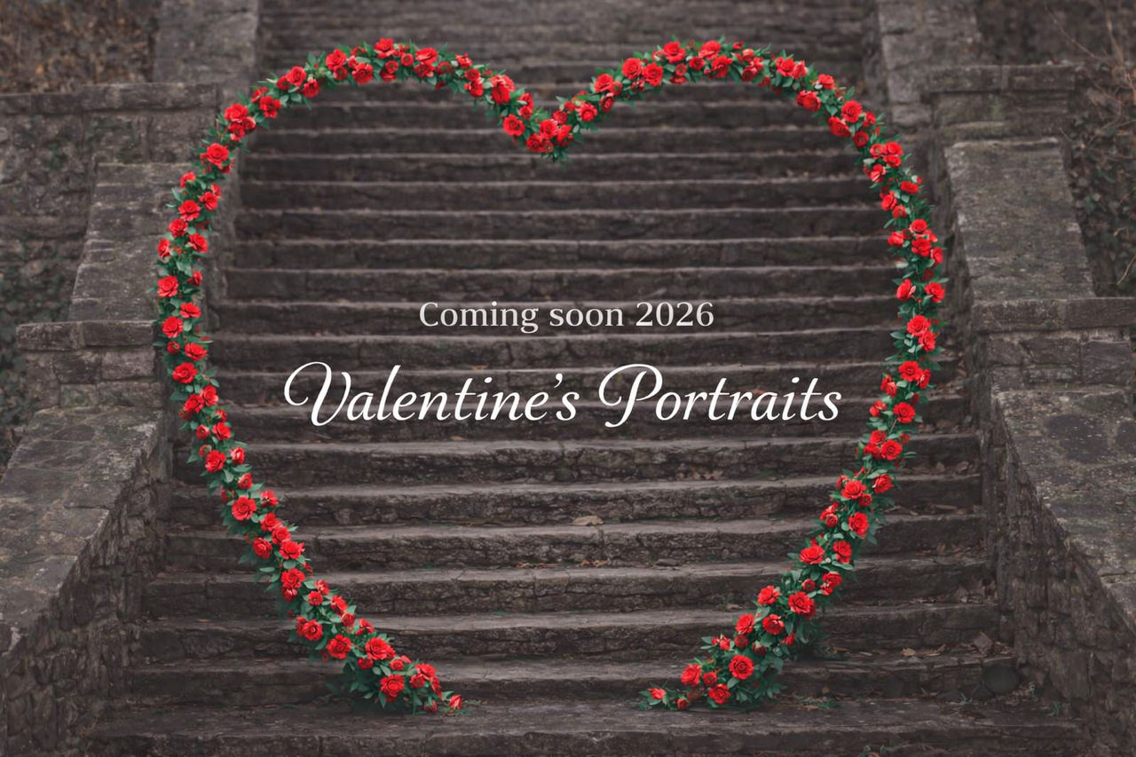 Valentine’s Day portrait setup with a heart-shaped red floral installation on a stone staircase in New Jersey.