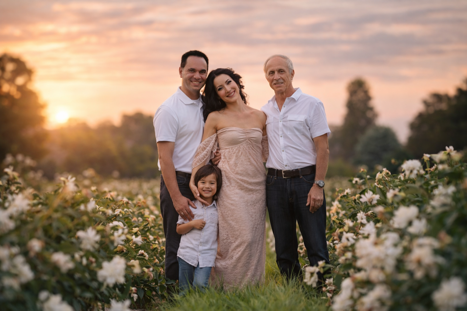 Family of four posing in a flowering field at sunset, with trees in the background.