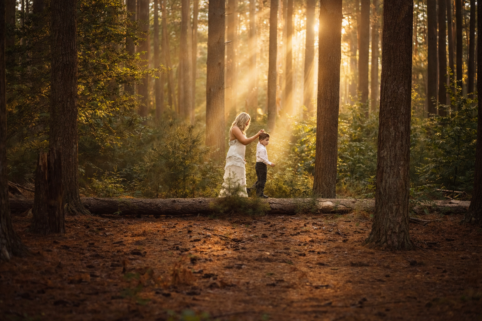 Family walking together through a pine forest during a South Jersey family photography session