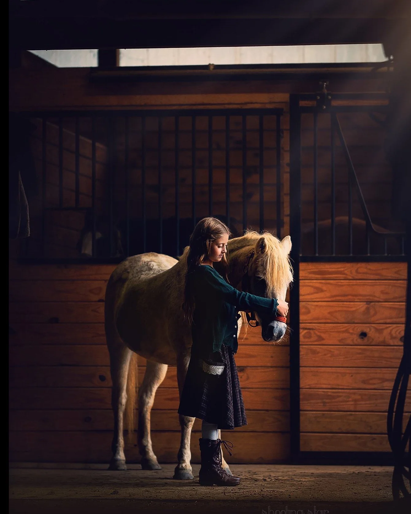 A storybook equestrian portrait of a young girl and her pony inside a rustic barn, capturing a quiet moment of trust, wonder, and childhood magic.