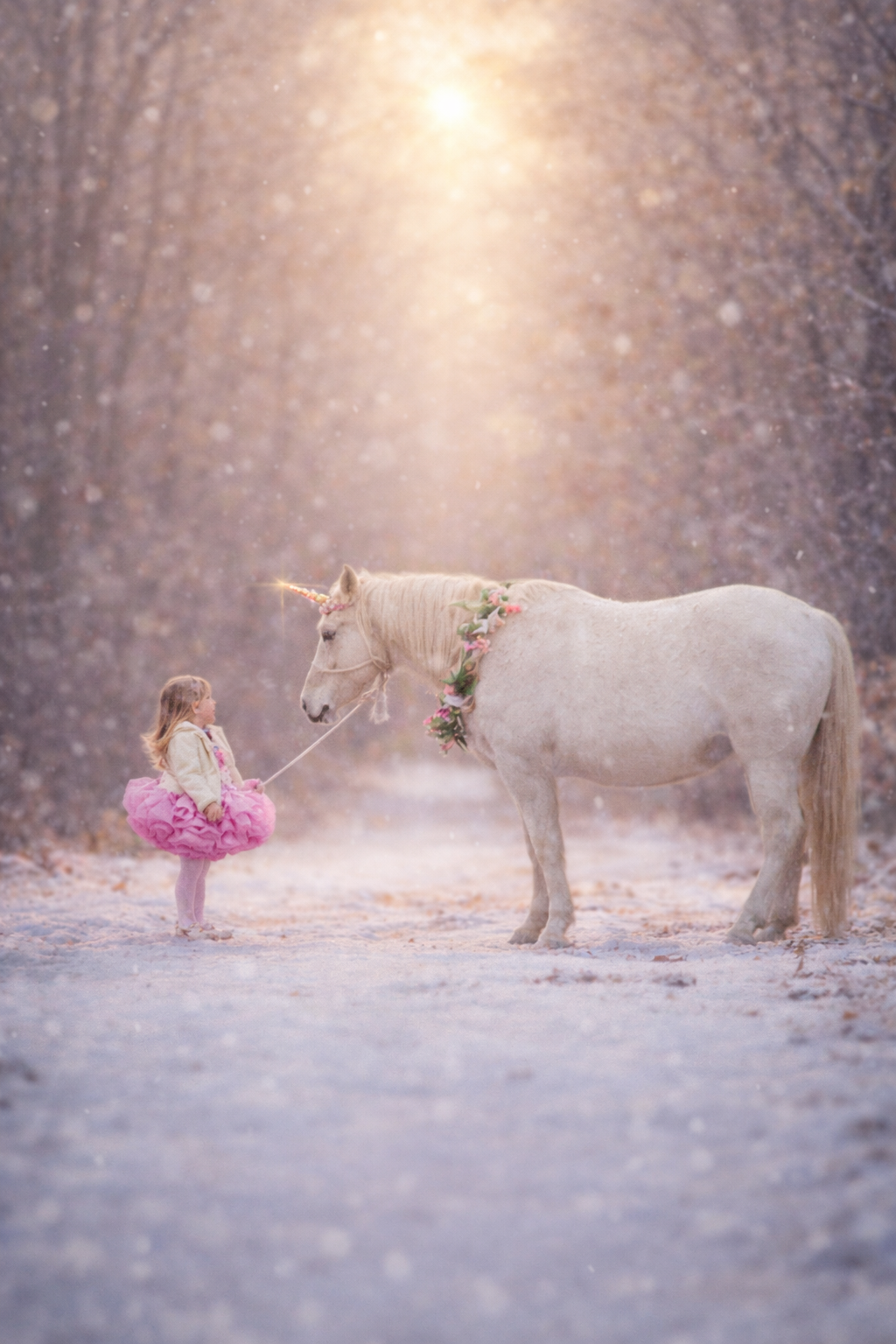 Fine art winter unicorn portrait featuring a white unicorn in a soft, snowy setting, styled for a whimsical children’s photography experience in New Jersey.