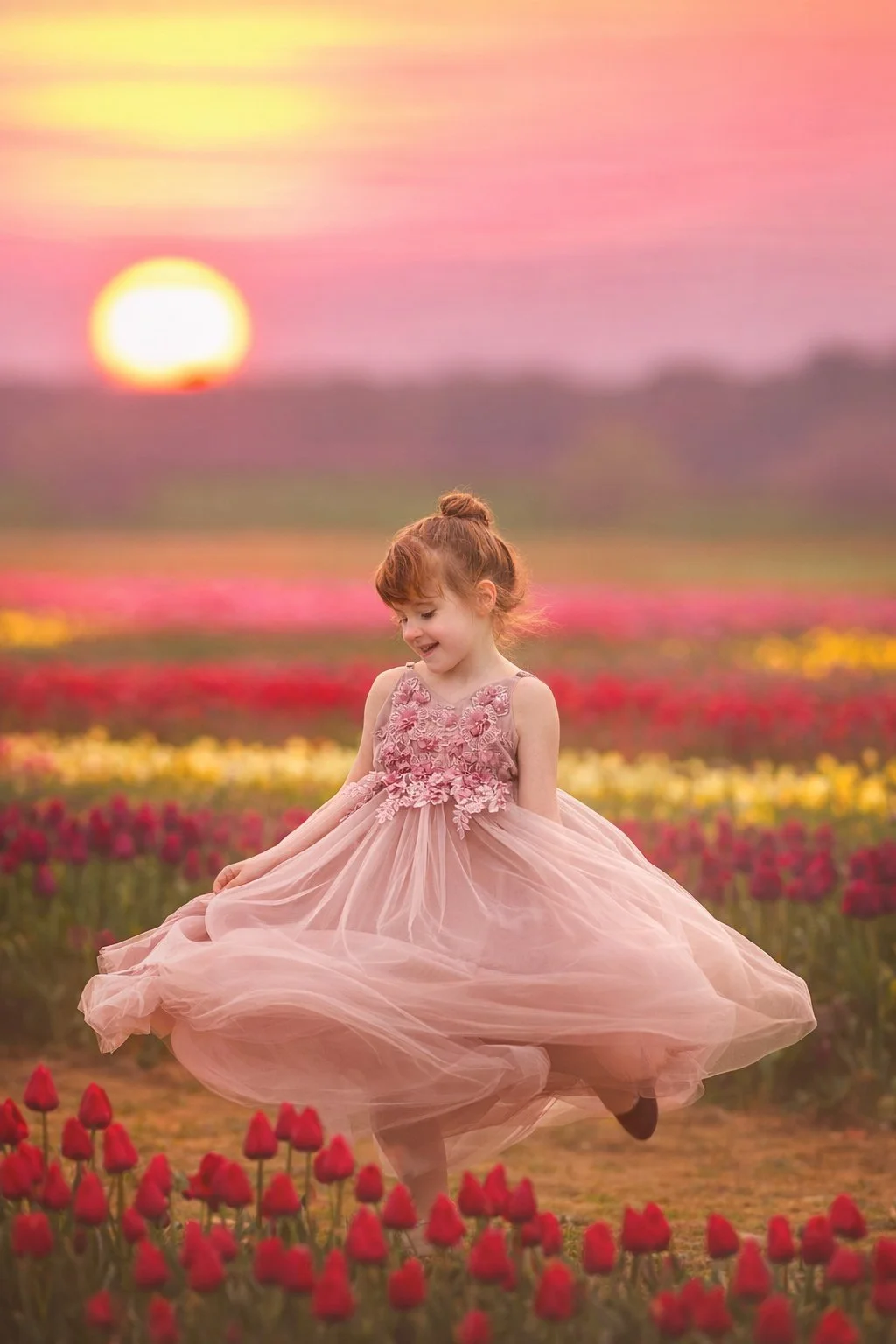 Girl twirling in a pink dress at sunset at Dalton Farms, photographed by a New Jersey family photographer during spring.