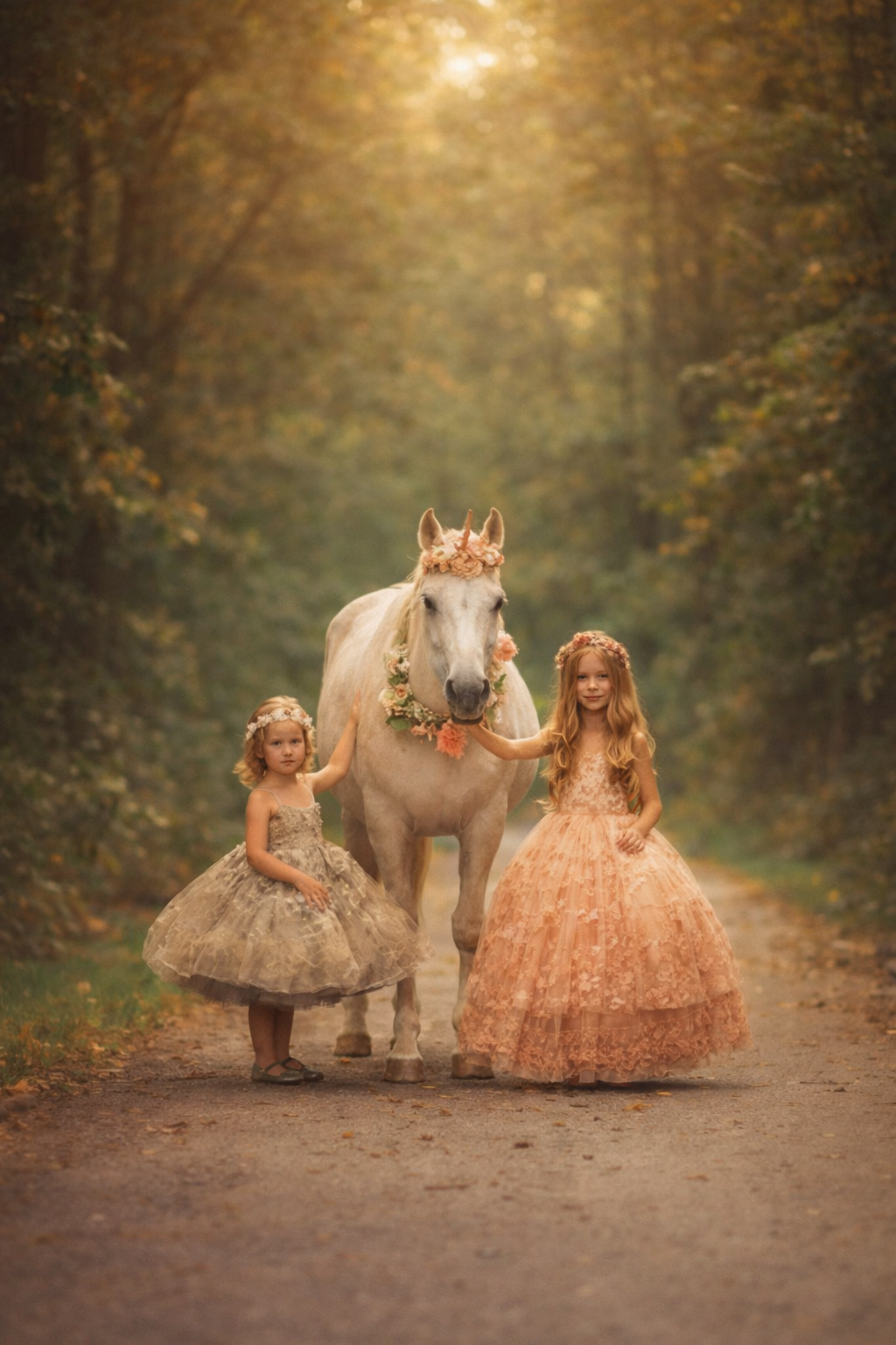 Two young girls in neutral fairy-tale dresses holding hands beside a real unicorn in a forest setting during a fine art unicorn photography experience in New Jersey.