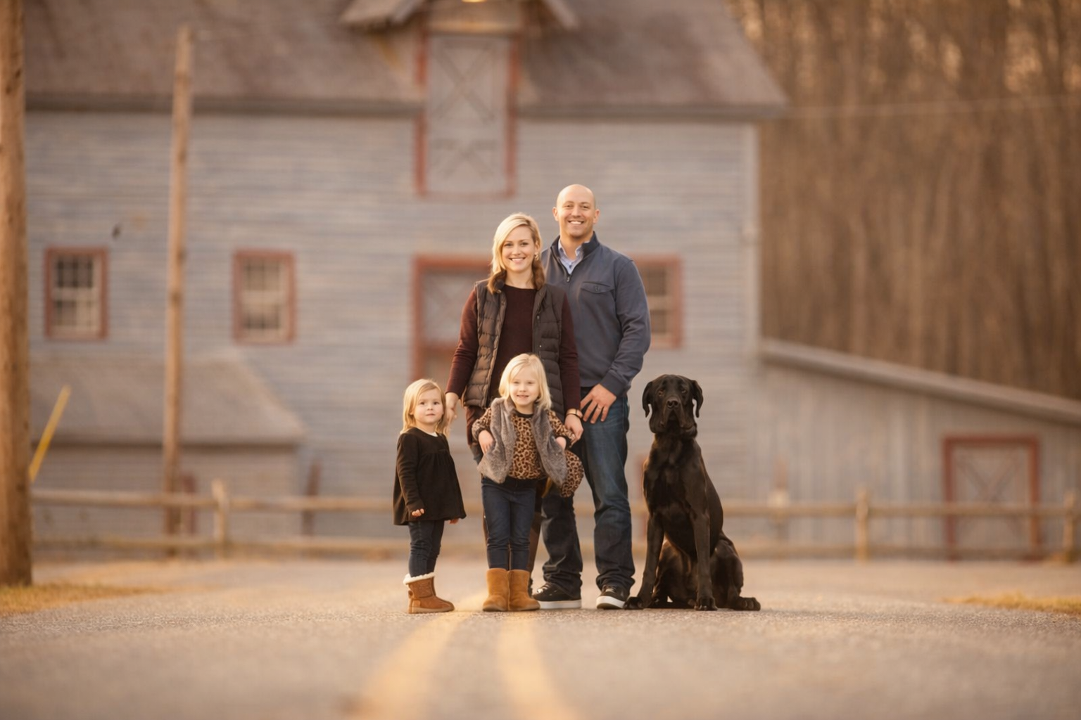 Family portrait with their dog at Daretown Lake in Elmer, New Jersey.