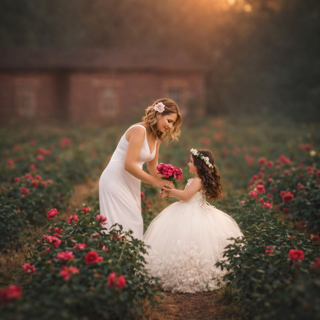 Mother and daughter standing together in a wildflower field in South Jersey during a natural light family photography session.