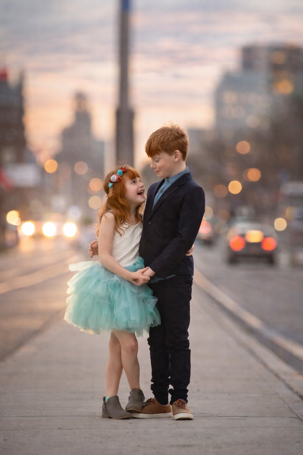 Rocco and Gigi posing together on North Broad Street in Philadelphia during a fine art sibling portrait session.