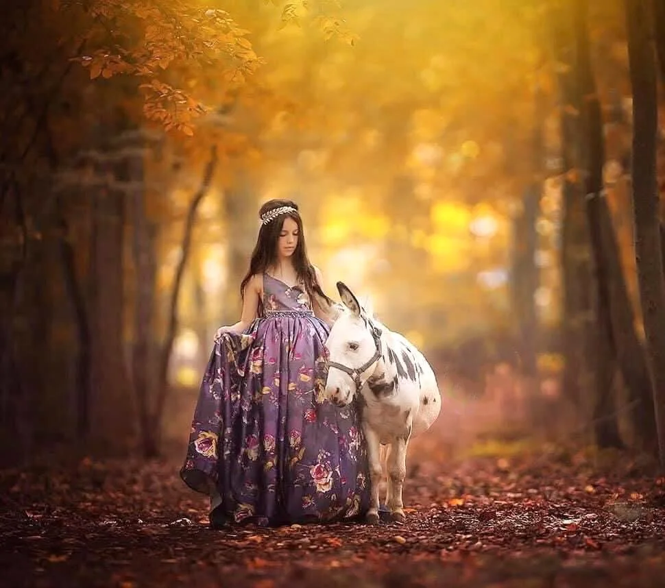 A young girl in a flowing purple dress walks beside a pony through a softly lit forest, creating a whimsical fine art portrait inspired by nature and gentle movement in South Jersey.