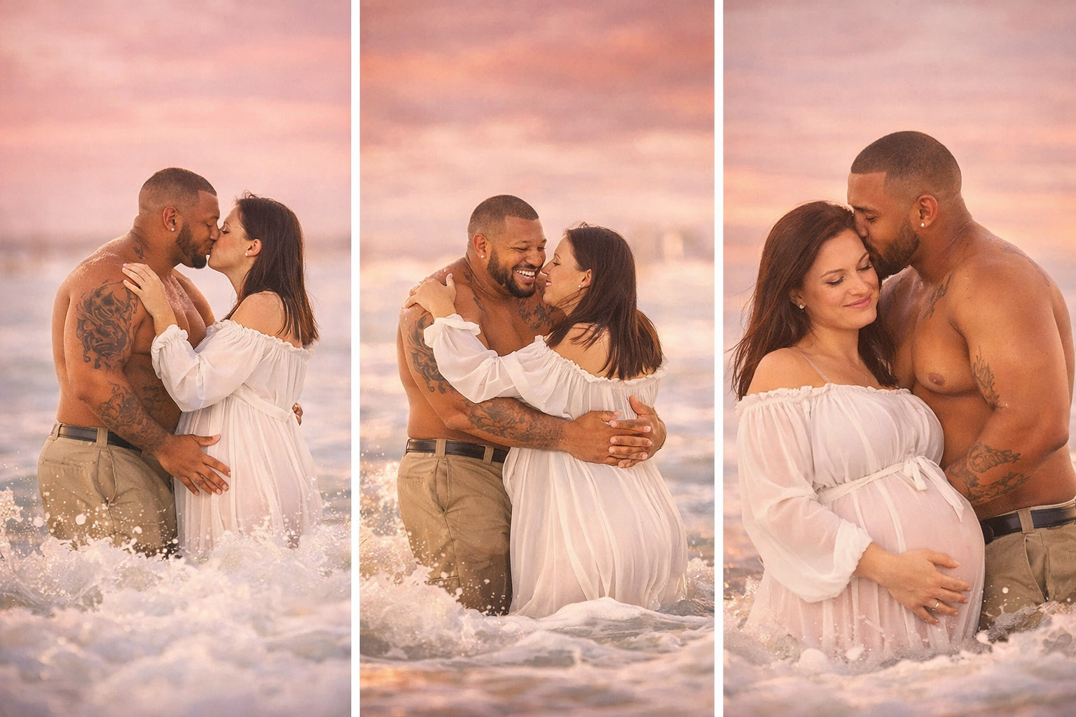 Collage of expecting couple kissing and smiling in the water during a South Jersey maternity photography session