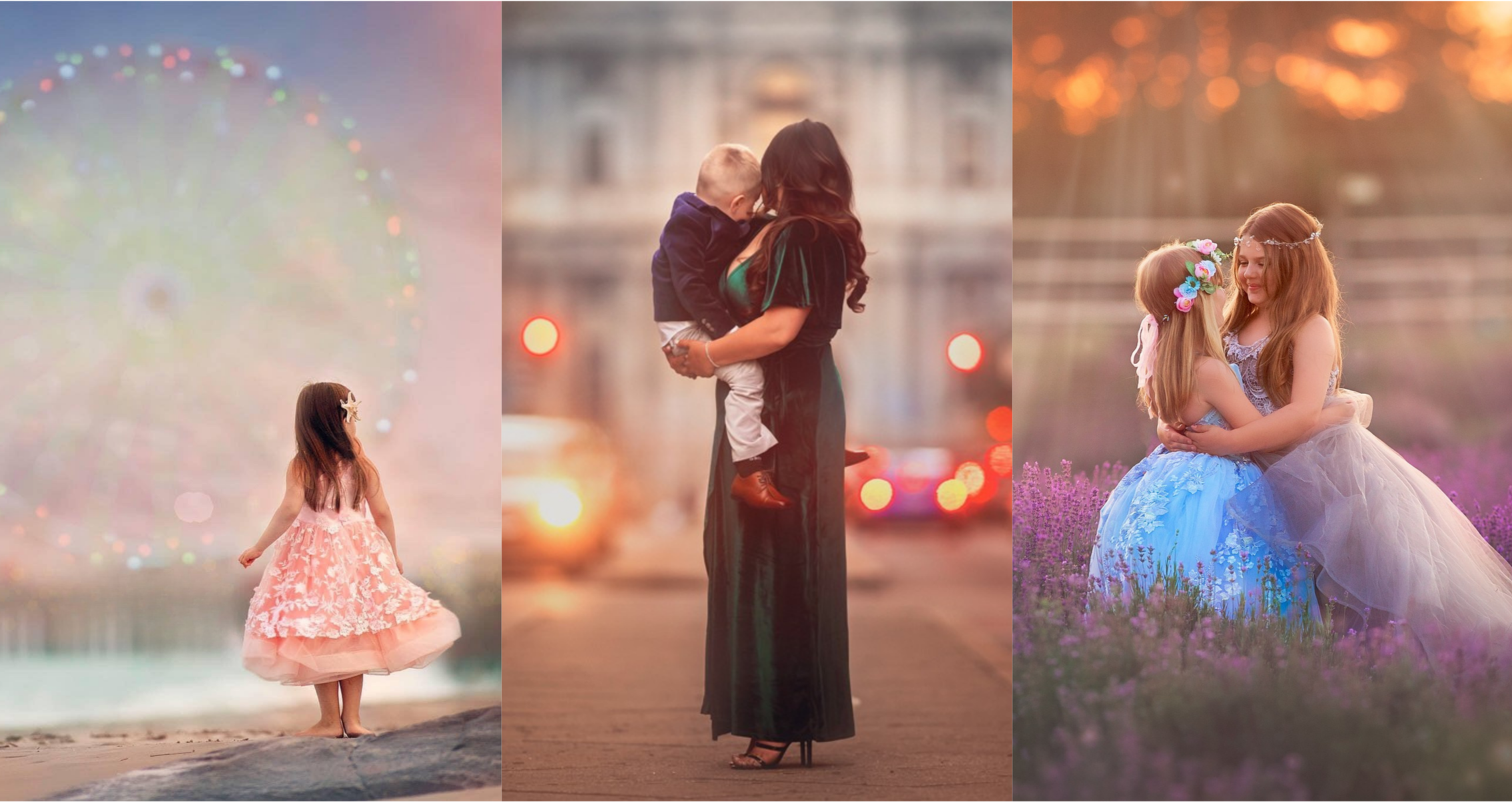 a fine art photography hero mimage featuring childhood and family portraits, including a child at the beach, a mother holding her child and children embracing in a floral field