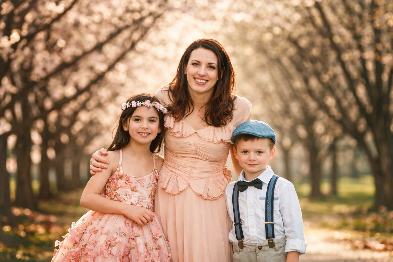 Close up portrait of a mother with her two children during a portrait session in Fairmount Park in Philadelphia.