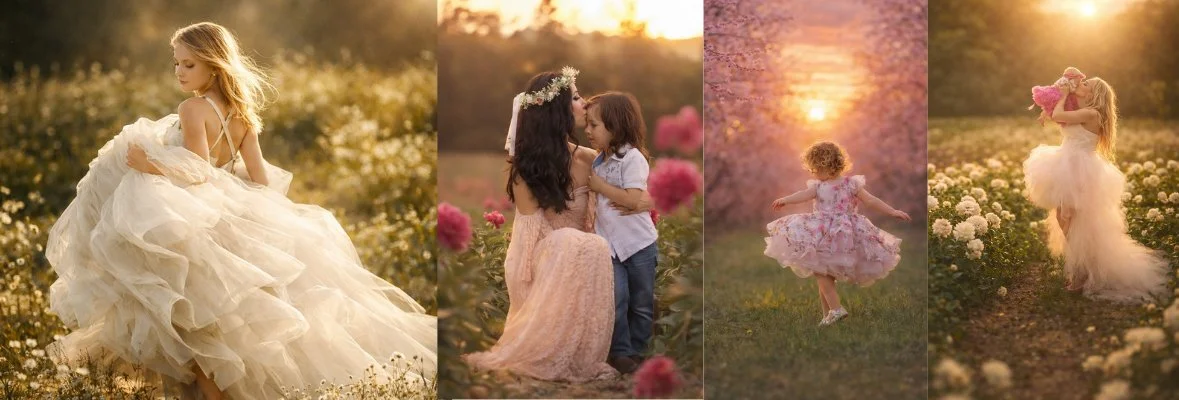 Fine art family photography collage featuring children and mother portraits at golden hour in a soft floral field, by a Philadelphia family photographer