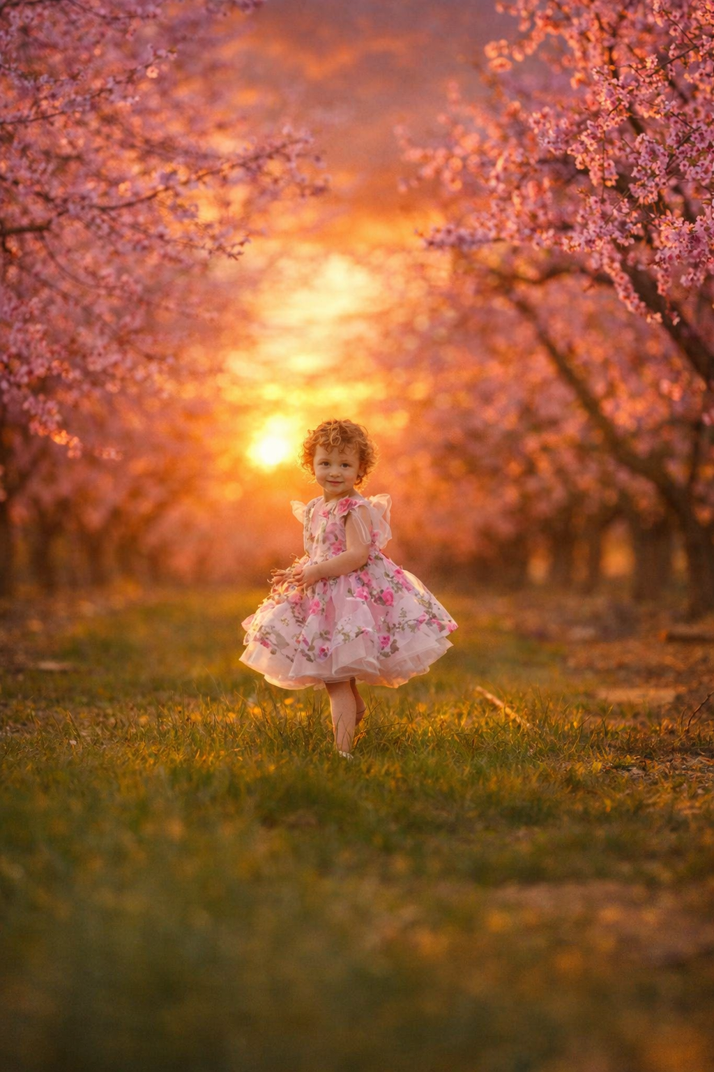 Toddler girl photographed at sunset in a peach orchard during a fine art seasonal portrait session in New Jersey.
