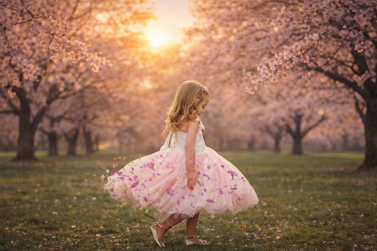 Little girl enjoying spring cherry blossoms during a fine art mini session in the Philadelphia and New Jersey area