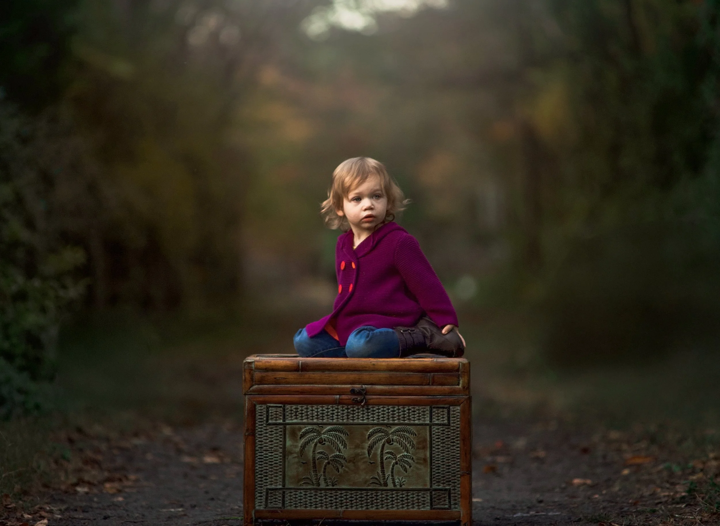 toddler girl sitting on a wooden box during outdoor portrait session in Medford NJ by South Jersey photographer