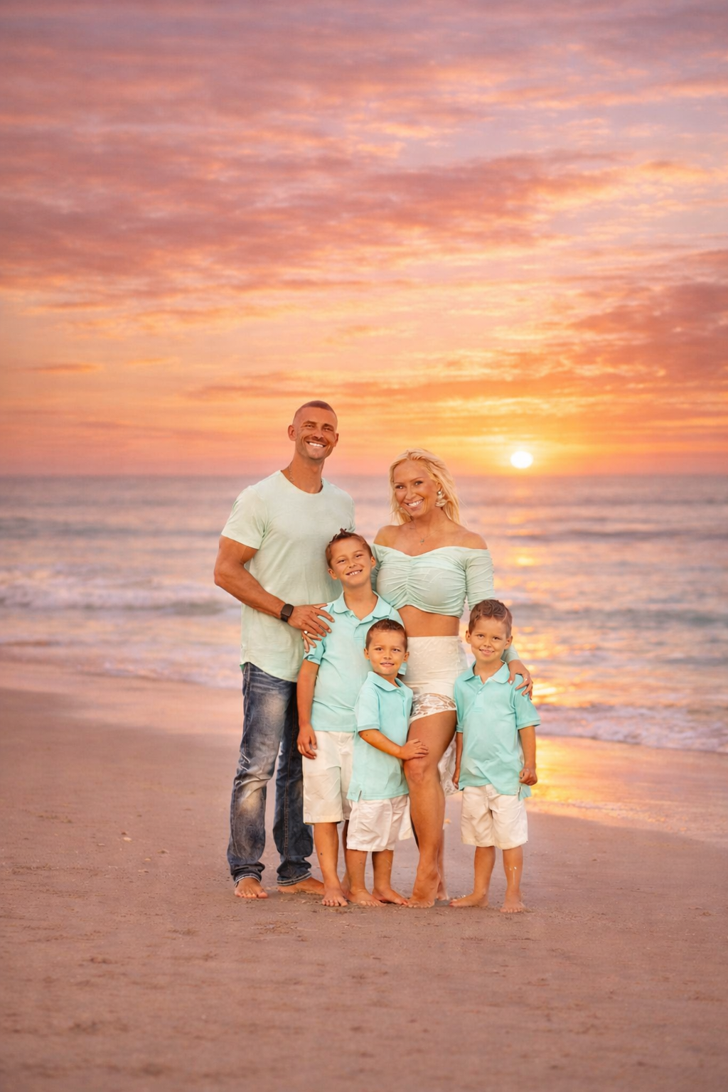 Family portrait at sunset on the beach in Sea Isle City, New Jersey, with parents and three young children standing together by the ocean