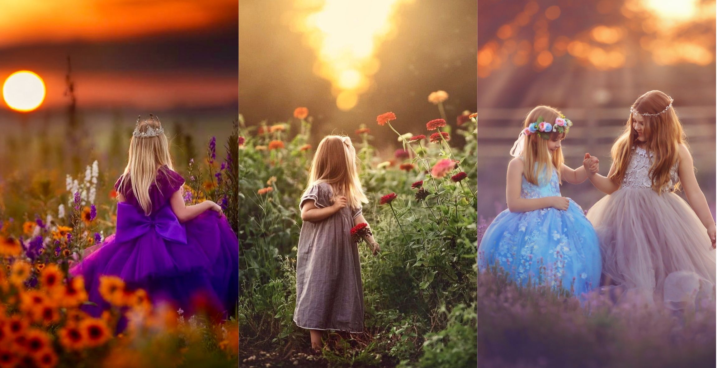 Fine art summer portrait collage featuring children in sunflowers and lavender fields at golden hour, photographed by a South Jersey fine art children's photograper