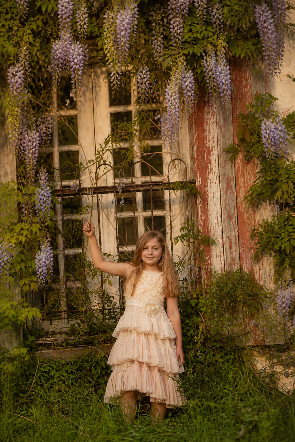 Young girl posing by a rustic window framed with blooming wisteria during a vintage-inspired spring portrait session in South Jersey