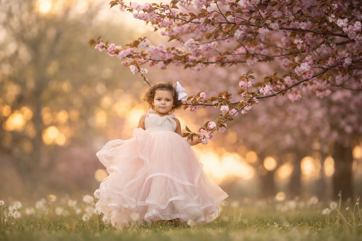 Child portrait among blooming cherry blossoms during a spring fine art photography session in New Jersey.